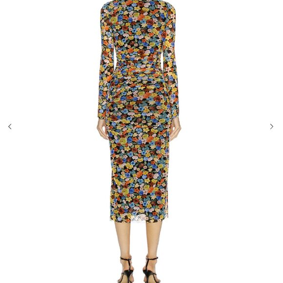 GANNI Colorful Floral SquareNeck Long Sleeve Ruched Stretch Mesh Midi Dress Sz L - Picture 4 of 15